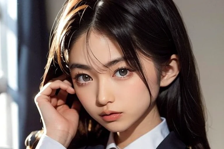 (Ogawa Noriko), European girl portrait,alone,20 years,Beautiful Face,Upper Body,Hair on one eye,medium side cut, Black Hair, Sharp focus,Black business suit, business shirt