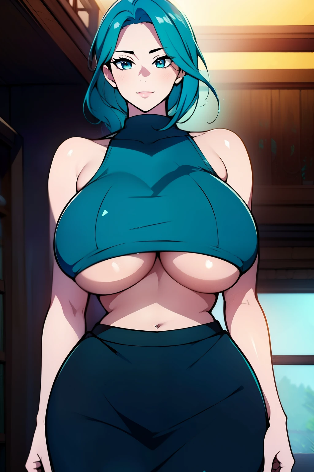 An anime-style artwork depicting ruan mei from the game Honkai star rail.
Tags: ruan mei, anime, detailed eyes, detailed lips, black crop top, black turtleneck, black pencil skirt, smiling expression, intense gaze, glowing emblem on hand, dynamic pose, indoor, luxury palace, vibrant colors, digital art, high-resolution, professional quality, gigantic breasts, (underboob : 1.4), curvy, cowboy shot, (gigantic breasts: 1.4), (blue eyes: 1.4), (light Aquamarine Blue hair: 1.4), short hair