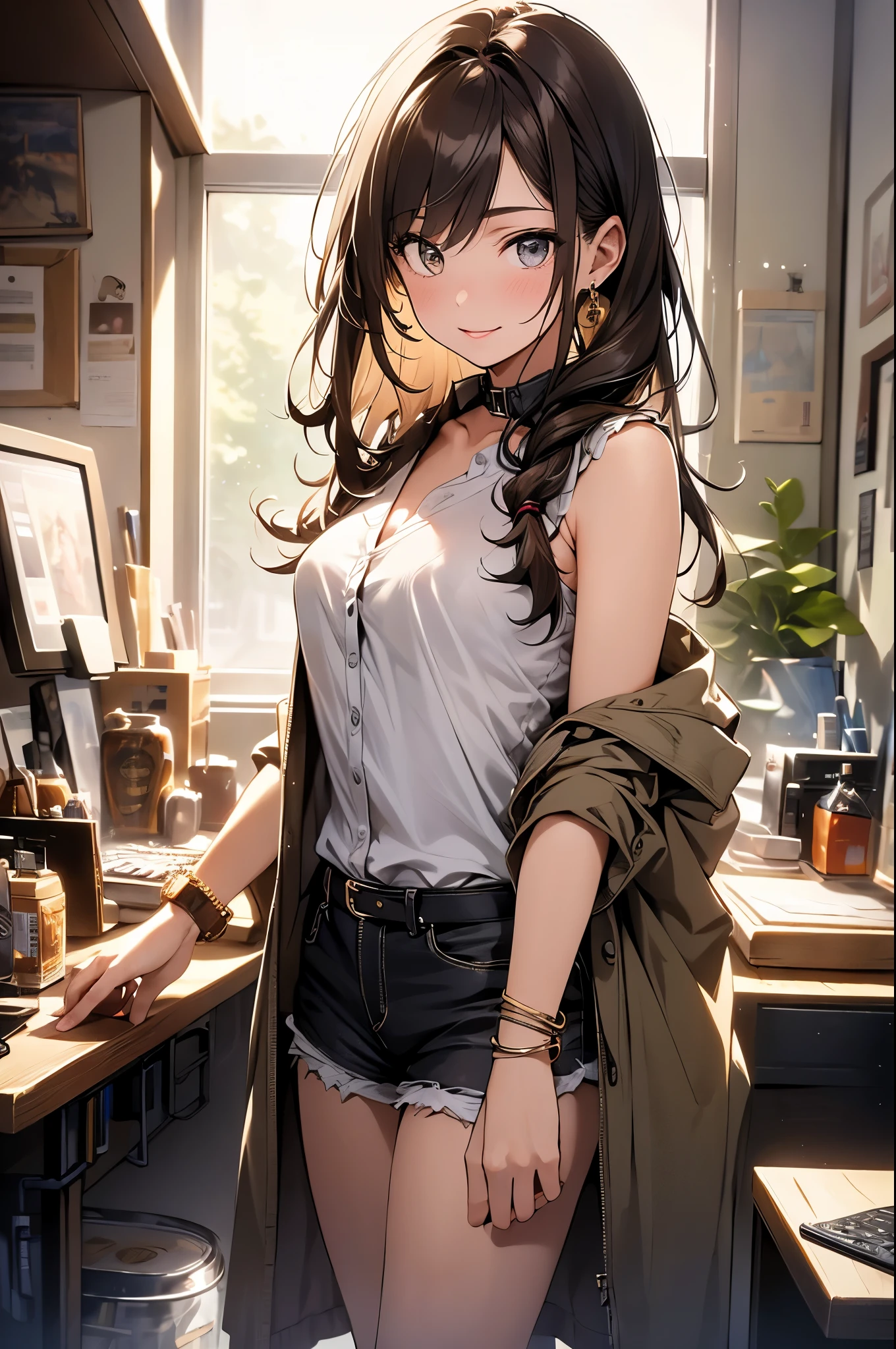 (masterpiece, best quality, Super detailed, high resolution, 4K),(Beautiful and delicate eyes),(very detailed face),(1 Girl),HDR,Long hair, shorts, Telephone, Brown eyes, Brown hair, cellTelephone, bracelet, Vest, jewelry, watch, Lips, focus only, Nail polish, Fuzzy background, Smile, wristwatch, Practical, Fuzzy, Looking at the audience