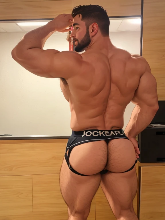 arafed man in a jocker looking at his reflection in the mirror, jock, gigachad muscular, big arches in the back, beefy, macho, profile image, juicy meat, 2 , (sfw) safe for work, 2 8 years oldf and cool, 2 9 years old, 🐎🍑, 3 2 yig bubble ass, blac, hairy ass, hairy asshole, big bulky man