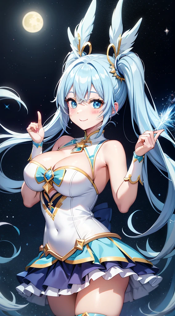 Super Idol　Beautiful girl　Charming smile　sky blue hair　Hair length　Twin tails　Sexy outfit with sparkling bright yellow and white skin visible　Mysterious　Fantasy　constellation　moon　Crystal Sparkle　Aurora in the night sky