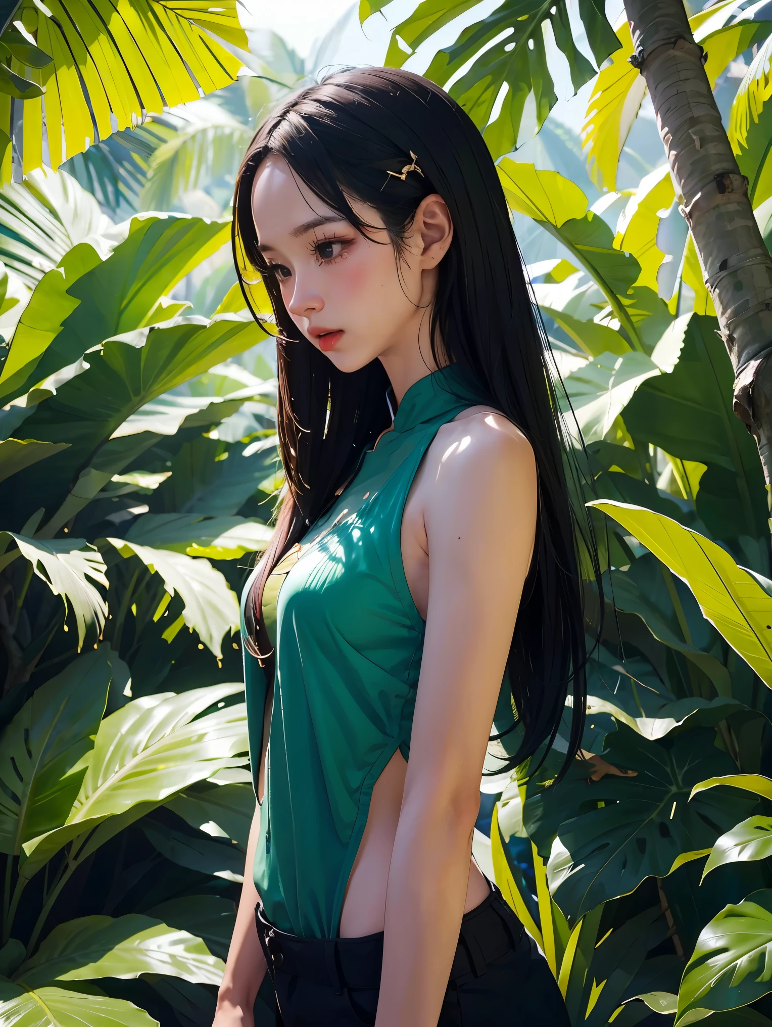 1girl,solo,medium breasts,outdoors,<lora:GoodHands-beta2:1>,(cowboy shot:1.2),(from behind:1.2),<lora:0162 forest child_v1:0.9>,ruanyi0162,leaf,plant,vines,barefoot,elf,hair ornament,jungle,tree,falling leaves,bound wrists,green hair,, Best quality, masterpiece, ultra high res, (photorealistic:1.4), 8K raw photo, (fractal art:1.4), highly detailed, official art, flawless, exquisite details and textures, high quality texture, detailed texture, intricate details, delicate and beautiful, 8K wallpaper, DSLR, natural lighting, dynamic lighting, professional lighting, realistic shadow, natural shading, soft lighting, cinematic lighting, photon mapping, depth of field, HDR, (sharp focus), 1girl, pretty girl, supermodel, extremely detailed face, beautiful elegant face, realistic face, goddess aura, a face of perfect proportion, slender face, symmetric eyes, finely detailed beautiful eyes, brown eyes,realistic hair, realistic skin texture, slim waist, thigh_gap, perfect anatomy, realistic body, skinny slender fit body, beautiful detailed thigh, human body ratio, perfect body proportions, curvy body, beautiful legs, (long legs:1.3)