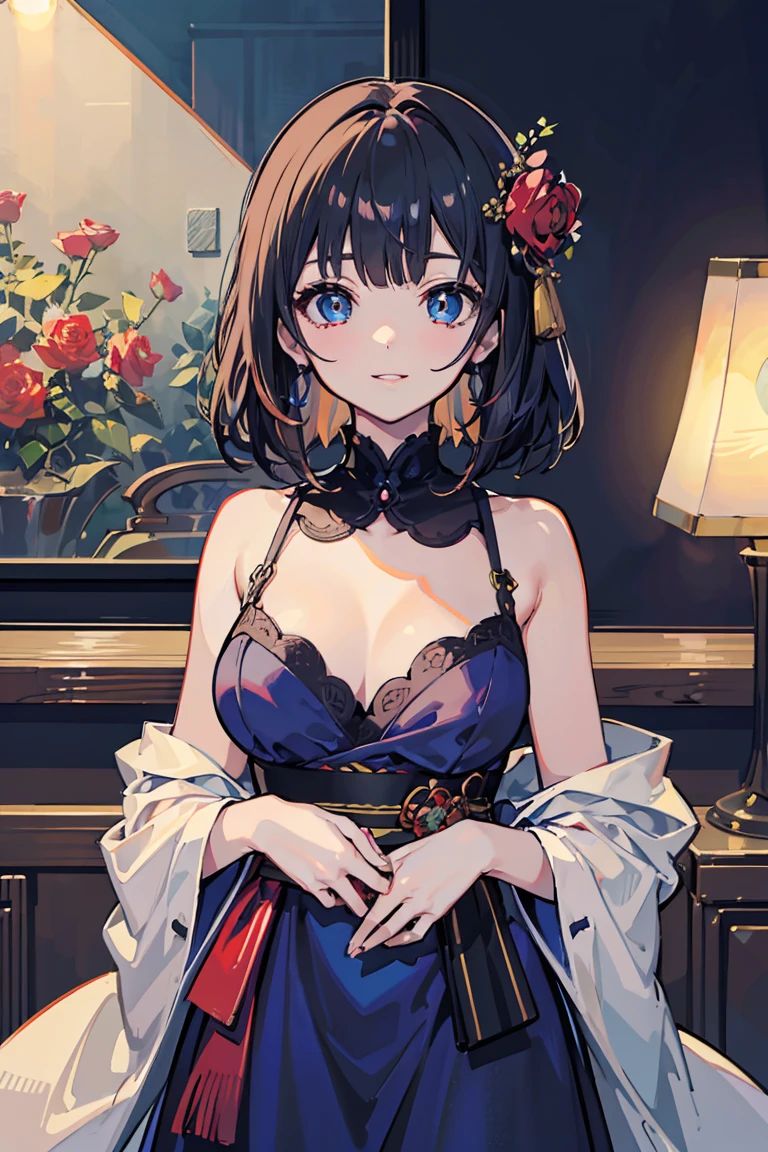 anime, (1 girl),Cowboy Shot, (super high quality),(Blue Rose Dress), Downcast eyes, Half an eye,smile, masterpiece, emotional scene, gorgeous background,warmth, Oiran , Black Hair, Shiny Hair, whole body, warmthのある色調を放つ太陽の光,  Perfect body, (E Cup:1.2), Fresh, (Asymmetrical bangs:1.3), Highly detailed face and eyes, Perfect Lips, SF, Digital Art, beautiful, movie lighting, tonalism, Romanticism, modern art, Impressionism, reflected light, 8k, masterpiece, Advanced Details, highest quality, Accurate