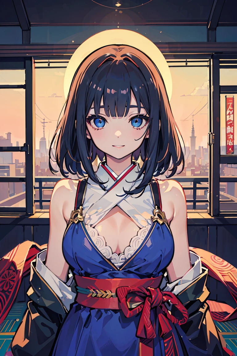 anime, (1 girl),Cowboy Shot, (super high quality),(Blue Rose Dress), Downcast eyes, Half an eye,smile, masterpiece, emotional scene, gorgeous background,warmth, Oiran , Black Hair, Shiny Hair, whole body, warmthのある色調を放つ太陽の光, Perfect body, (E Cup:1.2), Fresh, (Asymmetrical bangs:1.3), Highly detailed face and eyes, Perfect Lips, SF, Digital Art, beautiful, movie lighting, tonalism, Romanticism, modern art, Impressionism, reflected light, 8k, masterpiece, Advanced Details, highest quality, Accurate