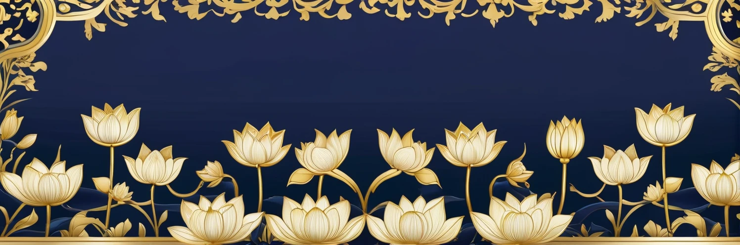 Navy background　Surrounded by lotus flowers and a gold gothic frame　An illustration