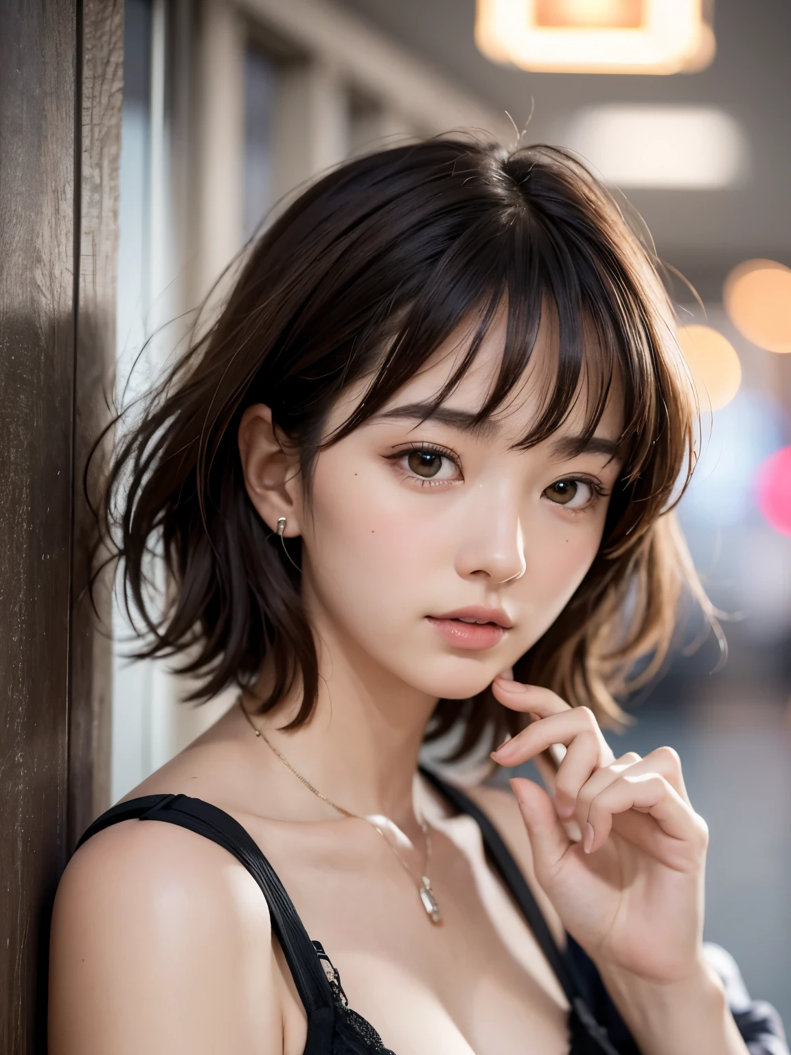 Japanese women、18-year-old, very cute, beautiful, (embarrassed:1.3), blush、Detailed workmanship、high resolution、(8K, High resolution), photorealistic、High definition face、Face is in focus, Moist eyes、(Focused, symmetrical pupils:1.2)、High-definition and beautiful skin、Firm Skin、Natural Makeup、gross lip, High-definition hair texture, (looking at viewer:1.2), cowboy shot, (short hair, messy hair:1.3), (multiple angles:1.2), medium breast
