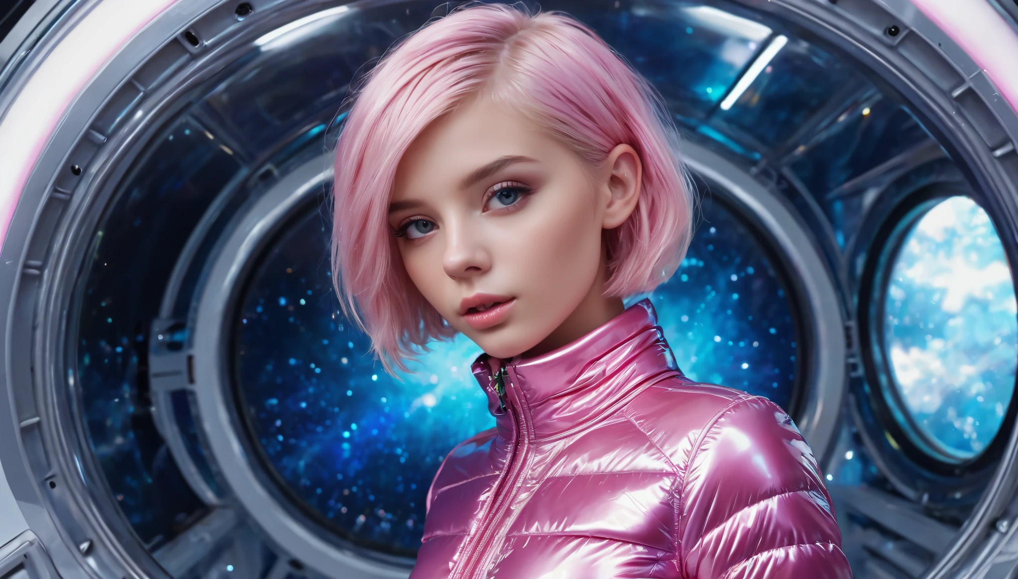 Masterpiece, Best Quality, ((cute girl in a pink blue open shiny puffer, short sleeves, small perky breasts, extremely detailed face, beautiful detailed eyes, beautiful detailed lips, small closed mouth, pixie sideshaved bright hair, small hips, in a spaceship, full body))