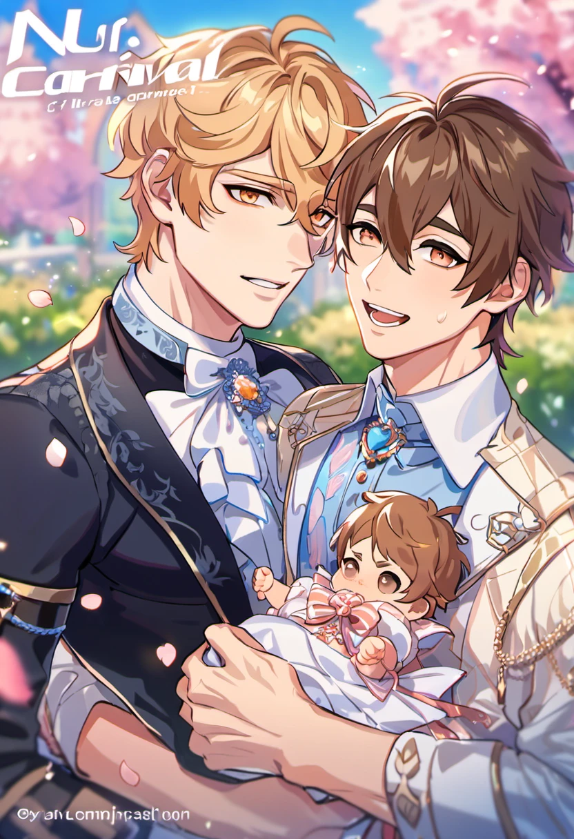 absurdres, highres, ultra detailed, HDR, master piece, best quality, Quincy, blond messy hair, expressive orange eyes, Nu Carnival, Eiden, brown hair, expressive brown eyes, 2 men together, holding a baby, gay couple, petals, garden, fantasy clothes
