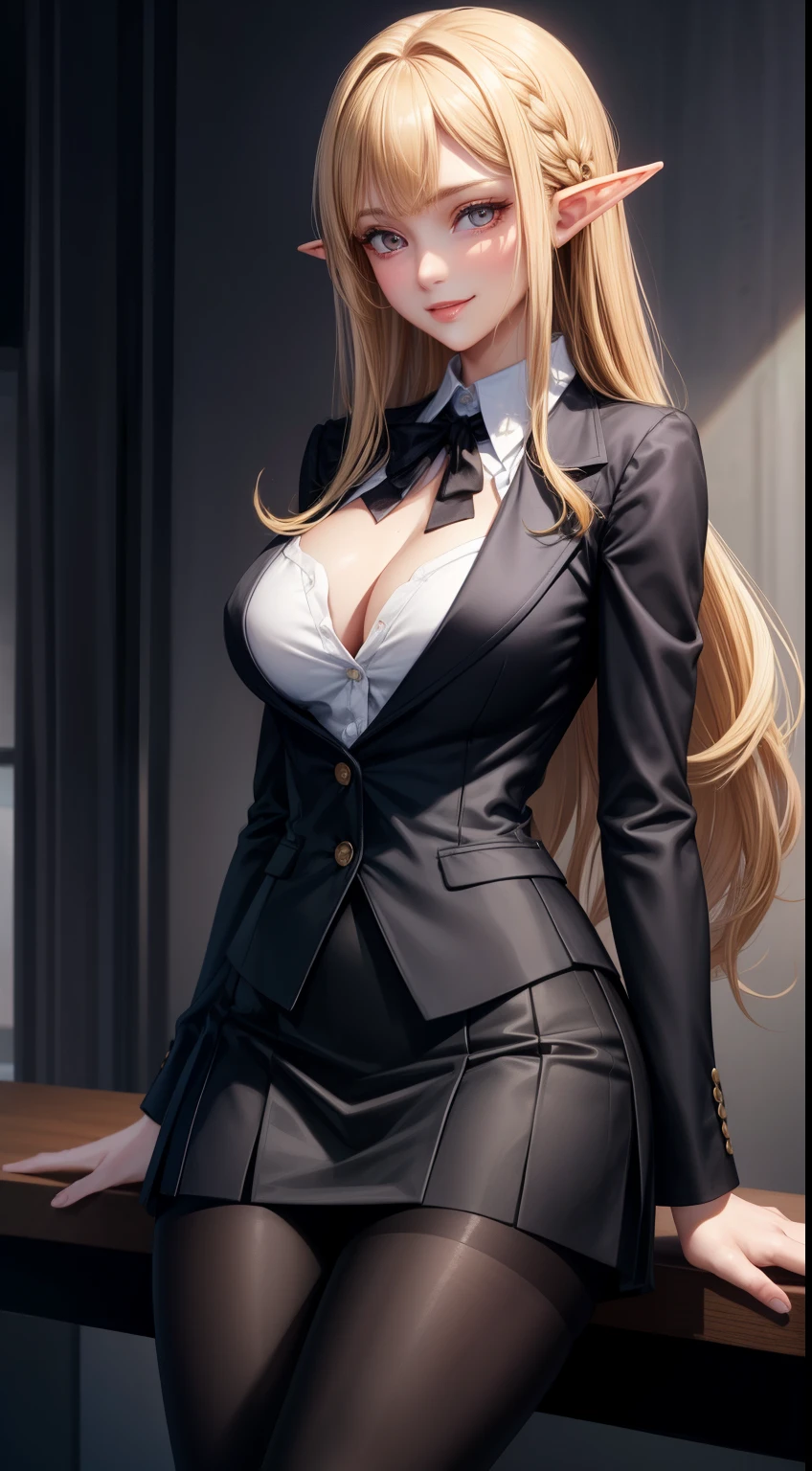 (masterpiece:1.3), High resolution, Very detailed, Highly detailed CG Unity 8k wallpaper, Realistic, photo-Realistic, Raw photo, Beautiful and dense face, Pale skin, Realistic glistening skin, Fine cloth texture, Detailed hair texture, Perfect body, Beautiful Face, Accurate, Anatomically correct, Highly detailed face and skin texture, Natural neck length, (Beautiful Hands), (Fair skin:1.2), Thin legs, Thin legs, break, Fine grain, Symmetrical eyes, Light brown eyes, double eyelid, Thin eyebrows, (Glossy lips:1.4), (Smiling Kindly:1.2), break, (NSFW:1.1), (Elegant and cute girl:1.3), (1 girl), (Medium sized big breasts, Slender figure, Firm chest:1.1), Beautiful clavicle, (Blonde Hair, Wavy Hair, Long Hair:1.2), ((Asymmetrical bangs:1.2)), (((Elf))),office lady, Black Office Blazer, office skirt, (pantyhose black stockings:1.2), (down shirt with short buttons:1.2), Up collar prim with buttons, button down collar prim, good, (pantyhose:1.2), Alpha Layer, High heels,
