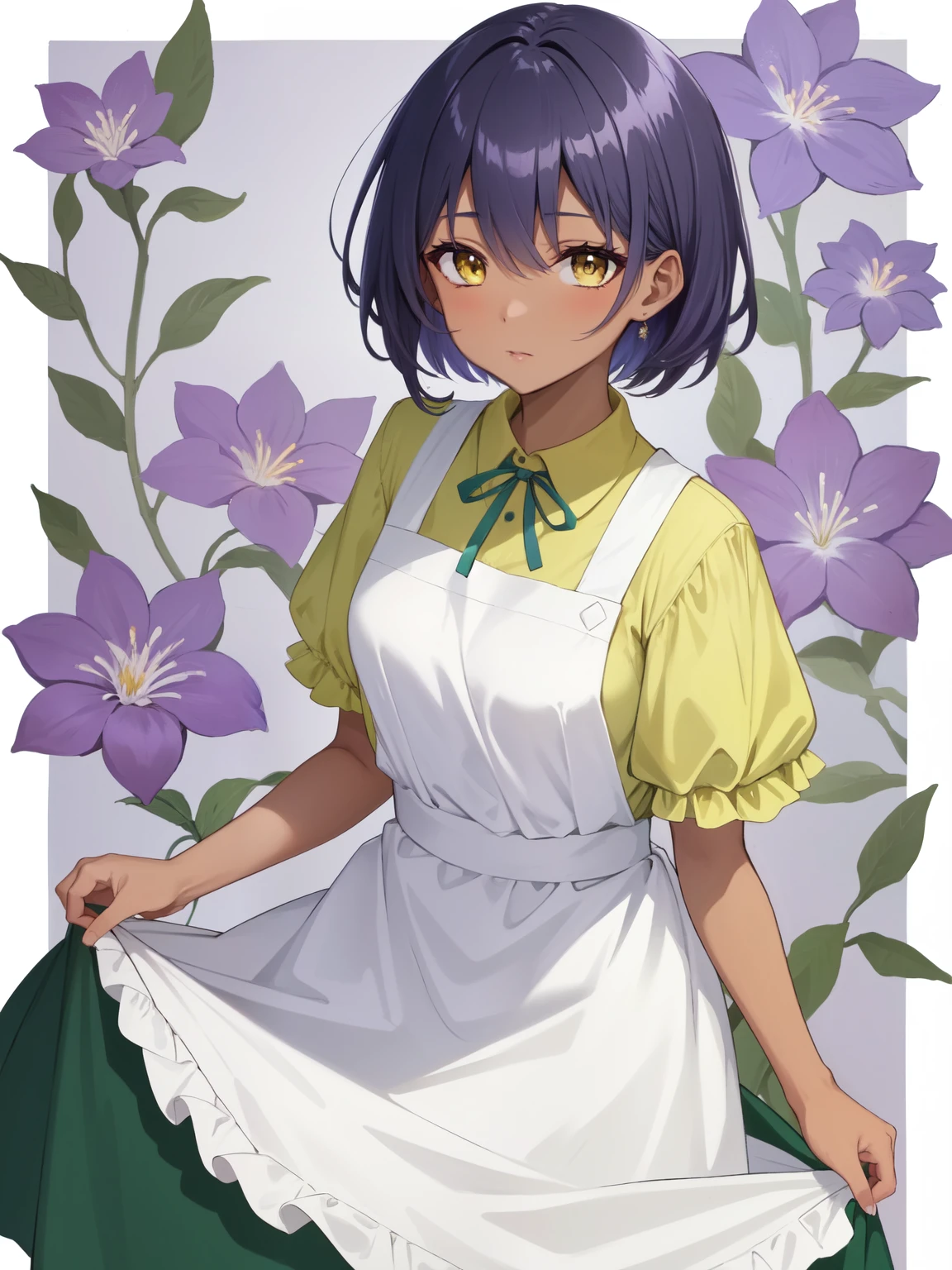 Young woman, dark skin, purple hair, square, bangs cover the eye, purple flowers in hair, yellow eyes, a green dress, dress with yellow elements, white apron