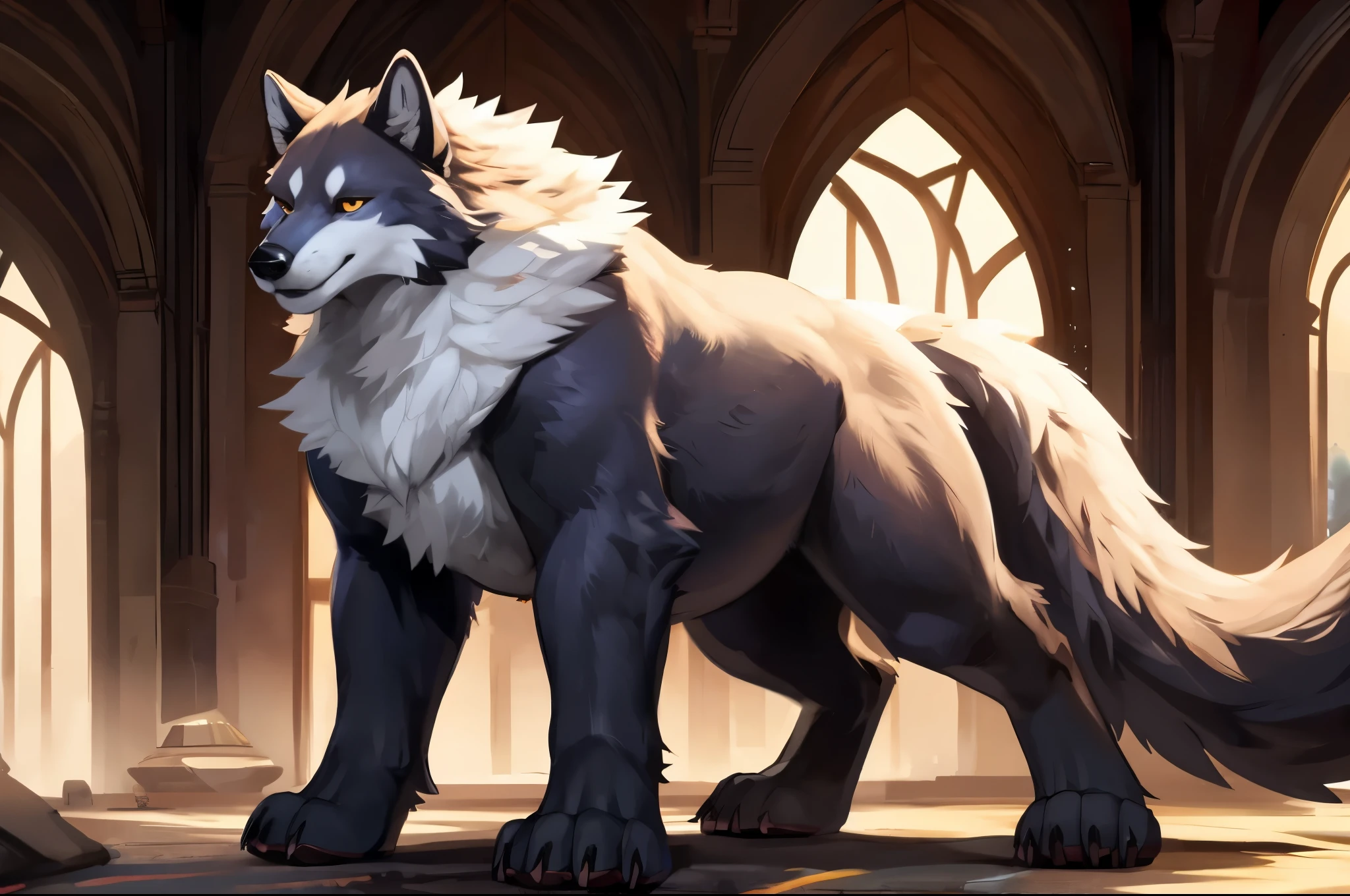 4k ultra quality, 4k full body view,(ultra high detailed body),feral wolf,dire wolf, detailed body,by mystikfox61, by glitter trap boy,feral paws, by bebebebebe,by morethreedee, by seibear,(thick thigh),(chubby thigh),thicc thigh,thick legs,chubby legs,thicc legs,massive butt,enomorous thigh,massive thigh,massive legs,thick lower legs,wide legs,(detailed thigh),(wide thigh),fluffy belly,feral belly,sharp nails,((sfw)),(ultra detailed face),detailed eyes,big tail,fluffy tail,(detailed tail),enomorous tail,bigger tail,huge tail,volumetric light,muscle legs,big paws,(thick paws),fluffy paws,furry paws,enomorous paws,(animal focus), beast,standing,(bigger lower body),strong lower body,(long legs),front view,master works, super fine, 4k resolution, high quality,high picture detail,dark fantasy,illusory engine, Masterpiece,feral body,muscular feral,faint lighting,shiny fur,macro,giga