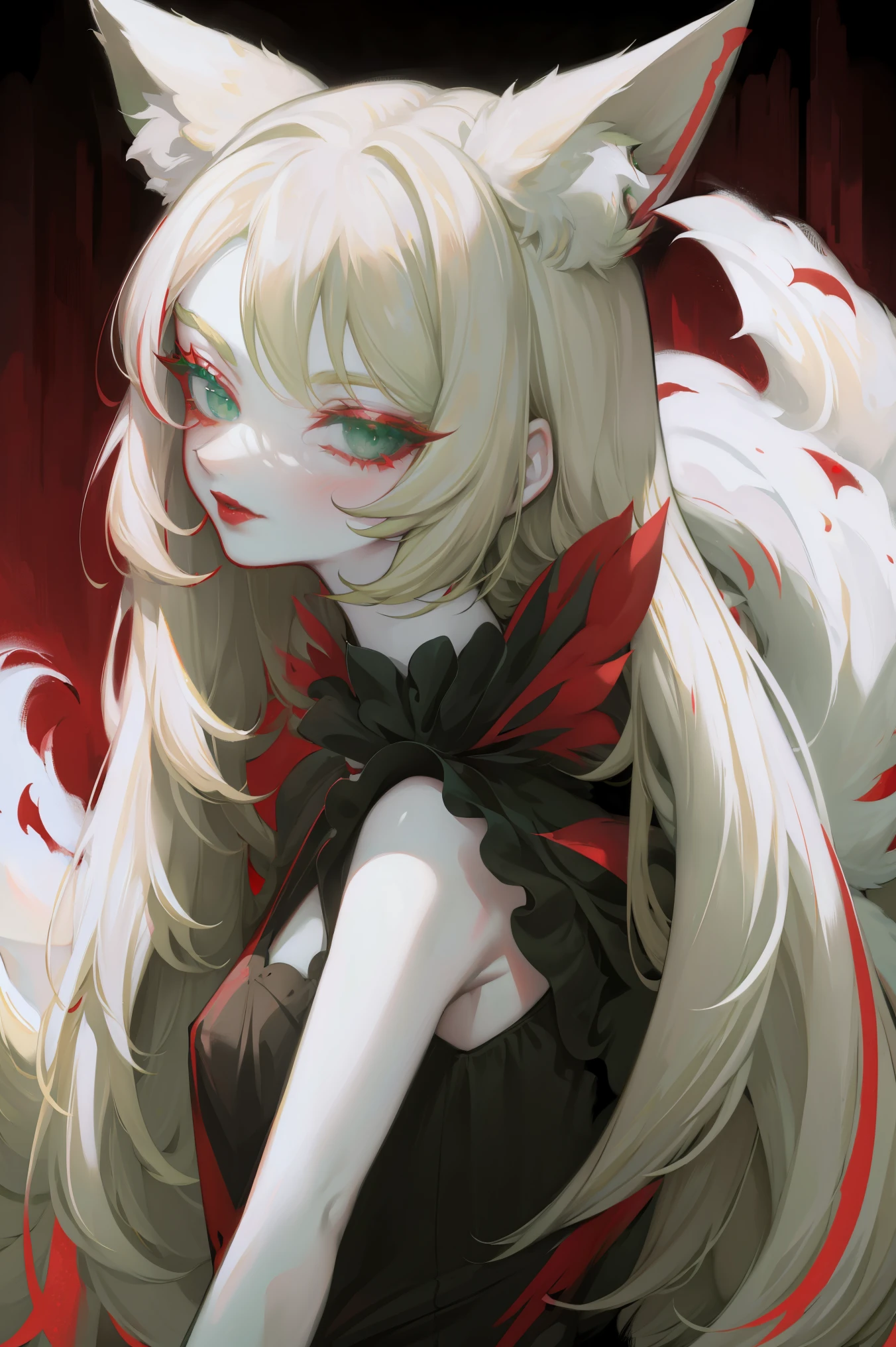 sweetheart, solo, pale-skinned, cabelos preto e longos, fox ear, Green-eyed, Red Eyeshadow, red lip stick, black magic dress, awas, pervert smirk, tmasterpiece, high high quality