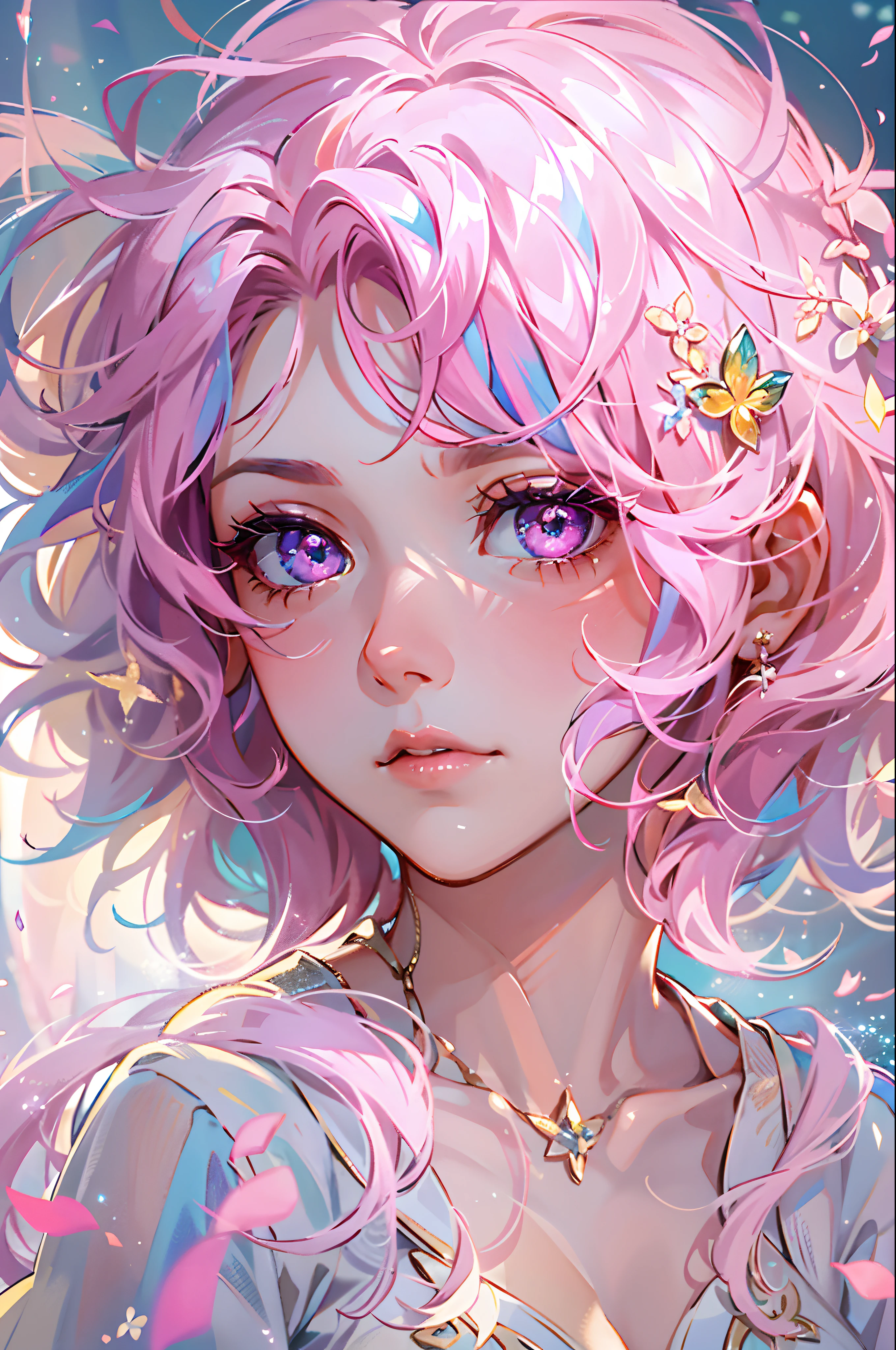 With pink hair and rainbow eyes,Beautiful as a fairy,A sad expression that evokes affection,Side face,Floating hair,Light particles,glare,clear,Be careful,Dreamlike,Faint speck,