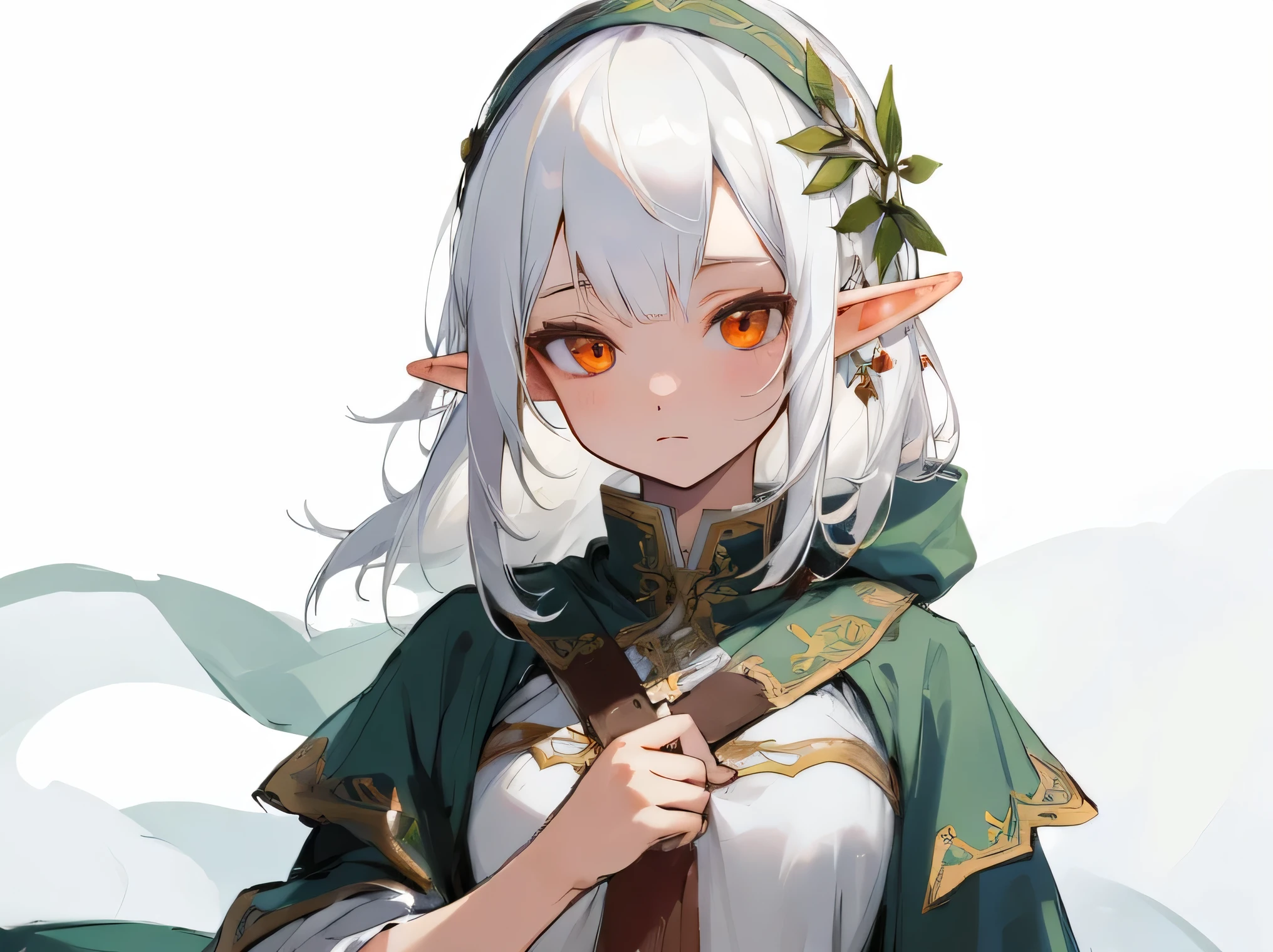 [(white background:1.5),::5], ((((masterpiece)))), high quality, ultra high resolution, full color, (((alone))), ((Elf)), fantasy hair, ((white hair)), orange eyes, upper body, character in the center, 