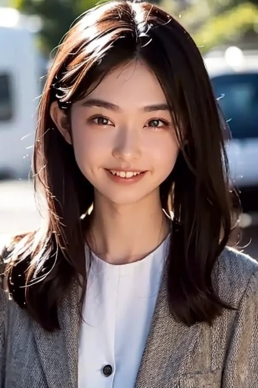 Very detailedな CG Unity 8k 壁紙, highest quality, Very detailed, Looking at the camera:1.2, The light shines on your face:1.5, professional lighting, 20-year-old, woman, Japanese, Hairstyle: Long Hair, hair color: Black Hair, contour: 丸みを帯びた柔らかいcontour, eyebrow: naturally shaped thick eyebrows, eye: 大きくて澄んだ二重のeye, nose: 小さくて上向きのnose, mouth: Full lips and a bright smile, clothing: Elegant tweed suit and pearl accessories