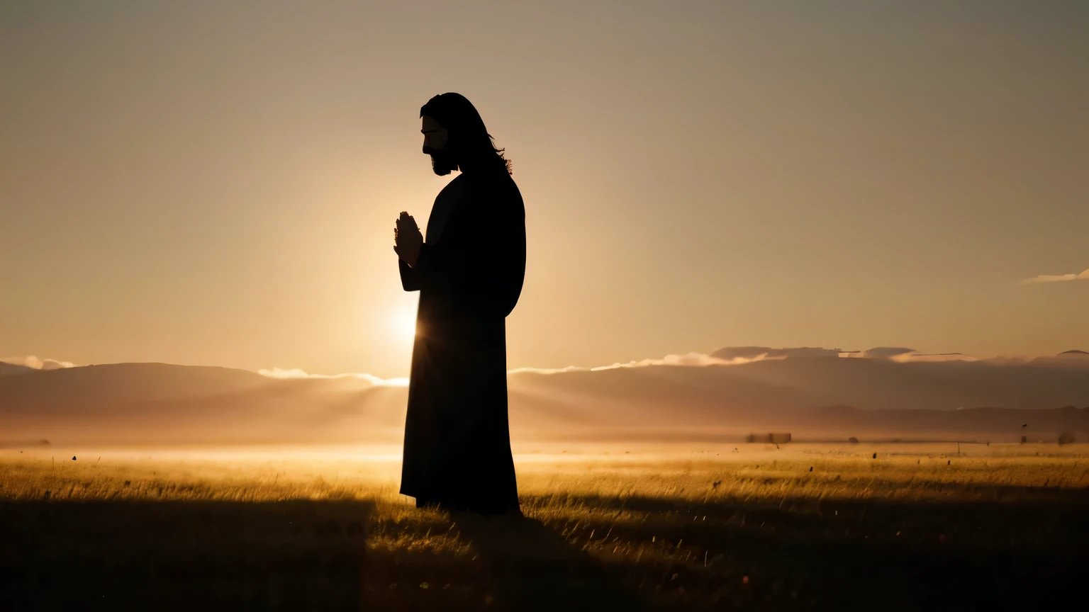 The first scene opens with a silhouette of Jesus standing in a tranquil meadow at dawn, hands clasped in prayer as the first rays of sunlight break through the clouds above, casting a divine glow that envelops him in warmth and grace. A serene and ethereal ambience that reflects a divine connection, focusing