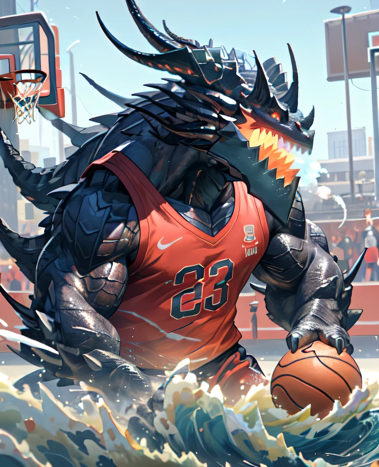 (dragon), Two-color, dragon&#39;s eyes, (muscular body:1.3), perfect eyes, Handsome, OK,(white basketball jersey), (on the playground),(Express), sports field background,(close up),(Happy eyes:1.2),look at screen,(dragon horn),(dragon tail),different students,Perfect masterpiece,(16K),White belly,Solitary,((Strong)),(sports field background),(Sweat),Perfect proportion,front,blush,(wave hello，Watching you:1.5),(Basketball in hand:1.3),(Open your mouth slightly and breathe.:1.2),(close range:1.2),(clothes soaked with Sweat:1,3),Strong,muscle,more details,CG,HD，detailed，Clear，high resolution