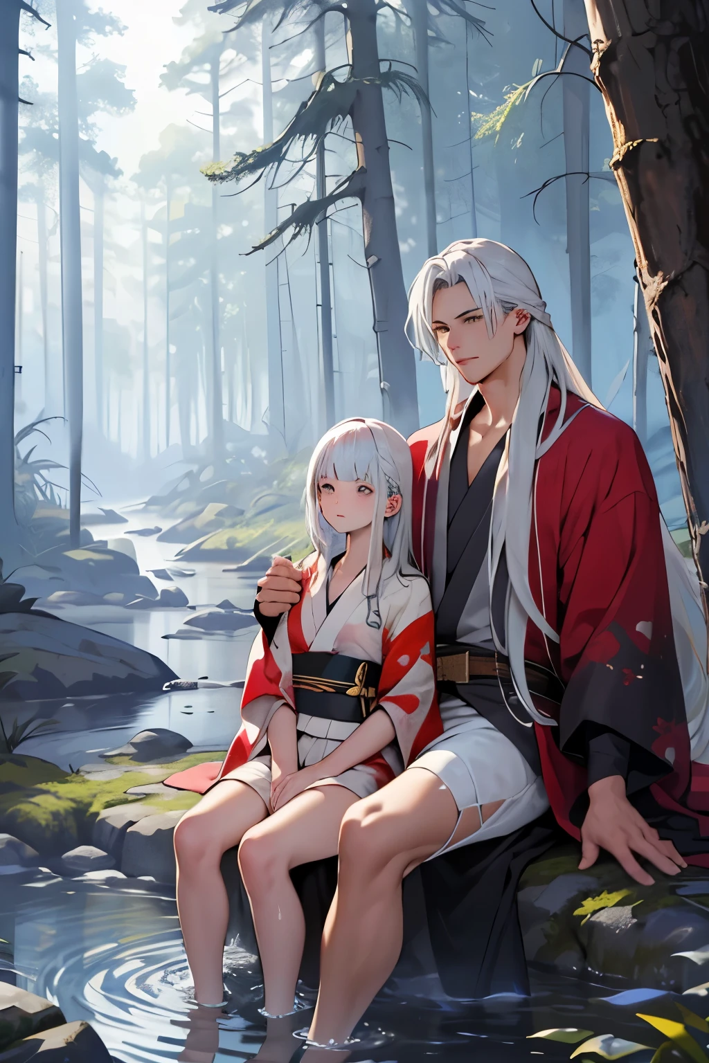 A man with long white hair with breasts in a river and breastfeeding a baby