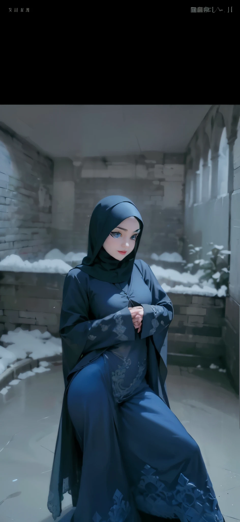 8K, Top Quality, Intricate Details, Ultra Detail, Ultra High Resolution, Masterpiece, random angle, Slender, Smile, (Makeup: 0.4), (Fluffy Blue Eyes: 1.21), blue Eyes, looking back, ((full body)), 1girl, solo, 1 girl, (( full body)), close up shot, , ((tall)), (((fit body))), (((slim face))), sharp face, sharp eyes, (((black hair, long hair, )) (detailed face), sharp face, small lips,
((hijab, Abaya)), detailed face, detailed breast, , large breast, detail ass, round ass , Beautiful girl with accentuated slender abs: 1.4, Six Pack Abs: 1.4, Bust Botox, Big, Perfect Body, detail leg, (( moonlight)), top of mountain