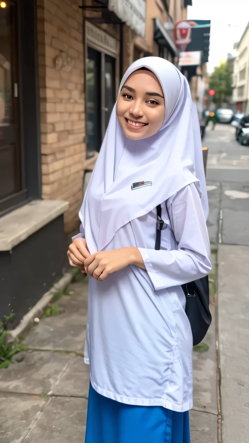 1 hijab girl, very cute , (white dress), ((wearing hijab)), ((blue skirt)), long sleeve, looking at camera, very sexy girl, elegant, soft cloth, satin fabric, very beautiful girl, smile, full body, teenager, beauty face, very very big breasts 2.0, hold the cucumber 