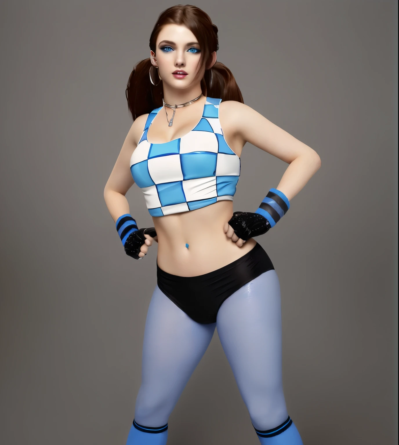 masterpiece, best quality, beautiful  busty woman wrestler blue eye makeup brown lipstick blue hoop earrings with brown hair and pigtails blue and white checkered wrestling top black sparkly gloves blue and black wrist bands black shorts with blue knit leggings(extremely detailed CG unity 8k wallpaper), (best quality), (best illustration), (best shadow), absurdres, realistic lighting, , best quality, ultra high res, realistic face, realistic body, sexy