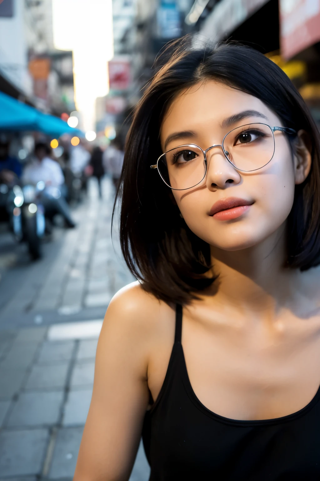 she is , thin, and nicely proportioned, described as rather beautiful. She has a small face with sharp canines and white skin. Her eyes are large with their corners angled upwards, with a beauty mark underneath one eye. Her hair is short and fine, black in color, and just reaches her shoulders. glasses, dusk, asian, street food , sit, full body. smily