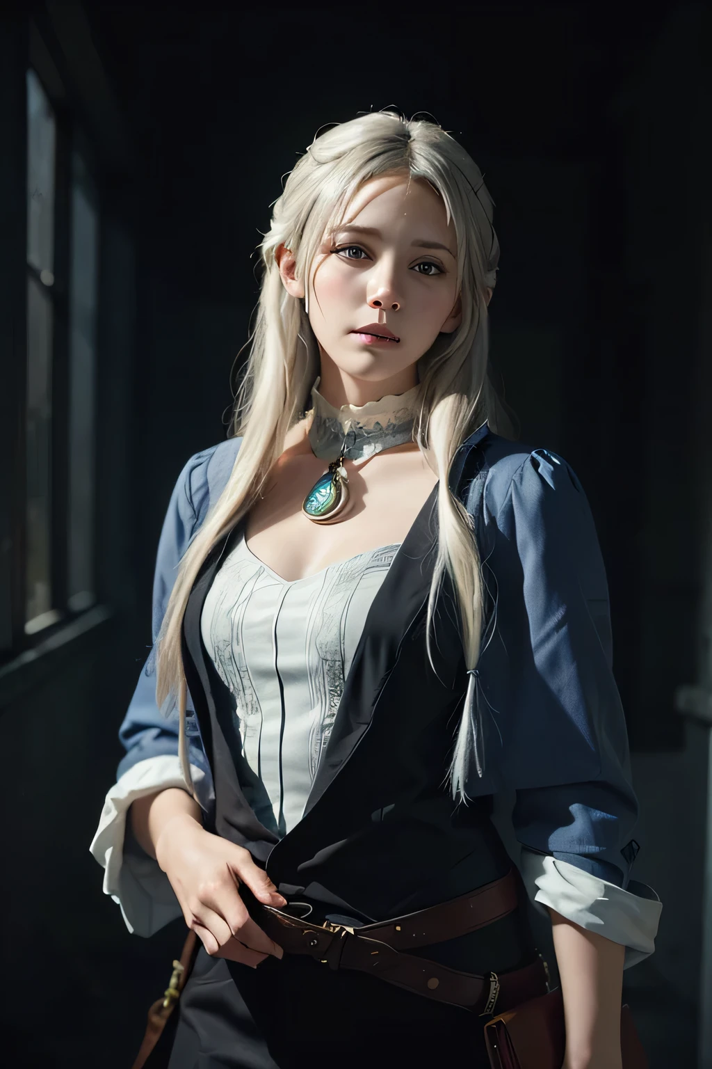 Hyperrealist portrait of female by david hockney and alphonse mucha,fantasy art, photo realistic, dynamic lighting, artstation, poster, volumetric lighting, very detailed faces, 4 k, award winning,, 1girl, in the dark, deep shadow, low key,cowboy shot,(official clothing:1.4) ,long hair,white hair,