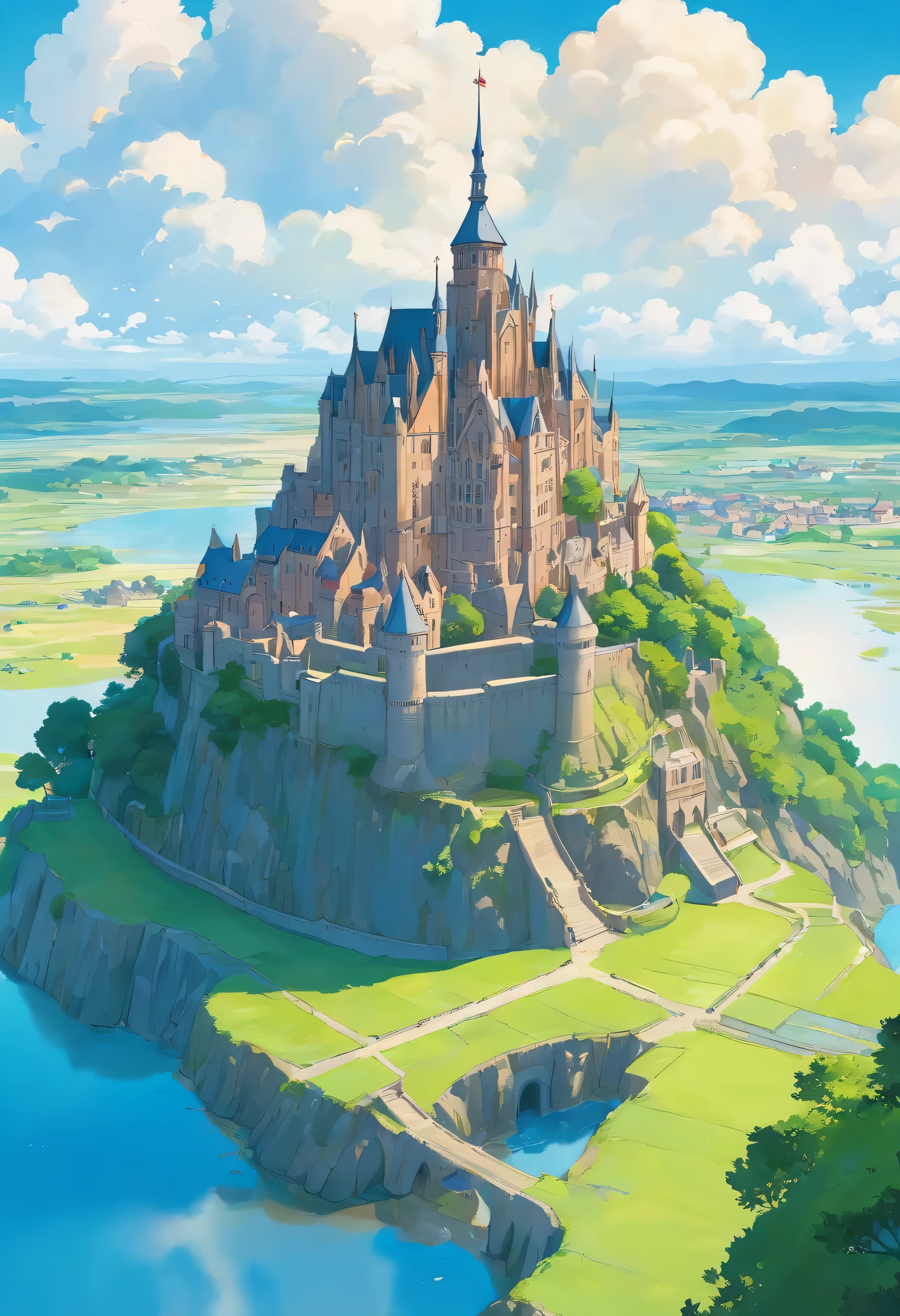 Second Country、A castle like Mont Saint-Michel looks small in the distance、White clouds in blue sky、Wide grassland、puddle、Pool、Looking down from above