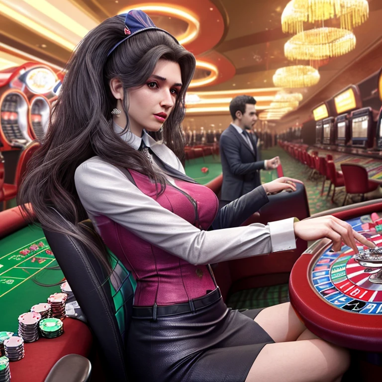 Mujer conntraje de airoman jugando poker en un casino en las vengas