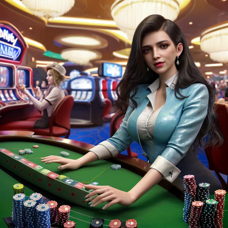 beautiful girl holding money in the casino