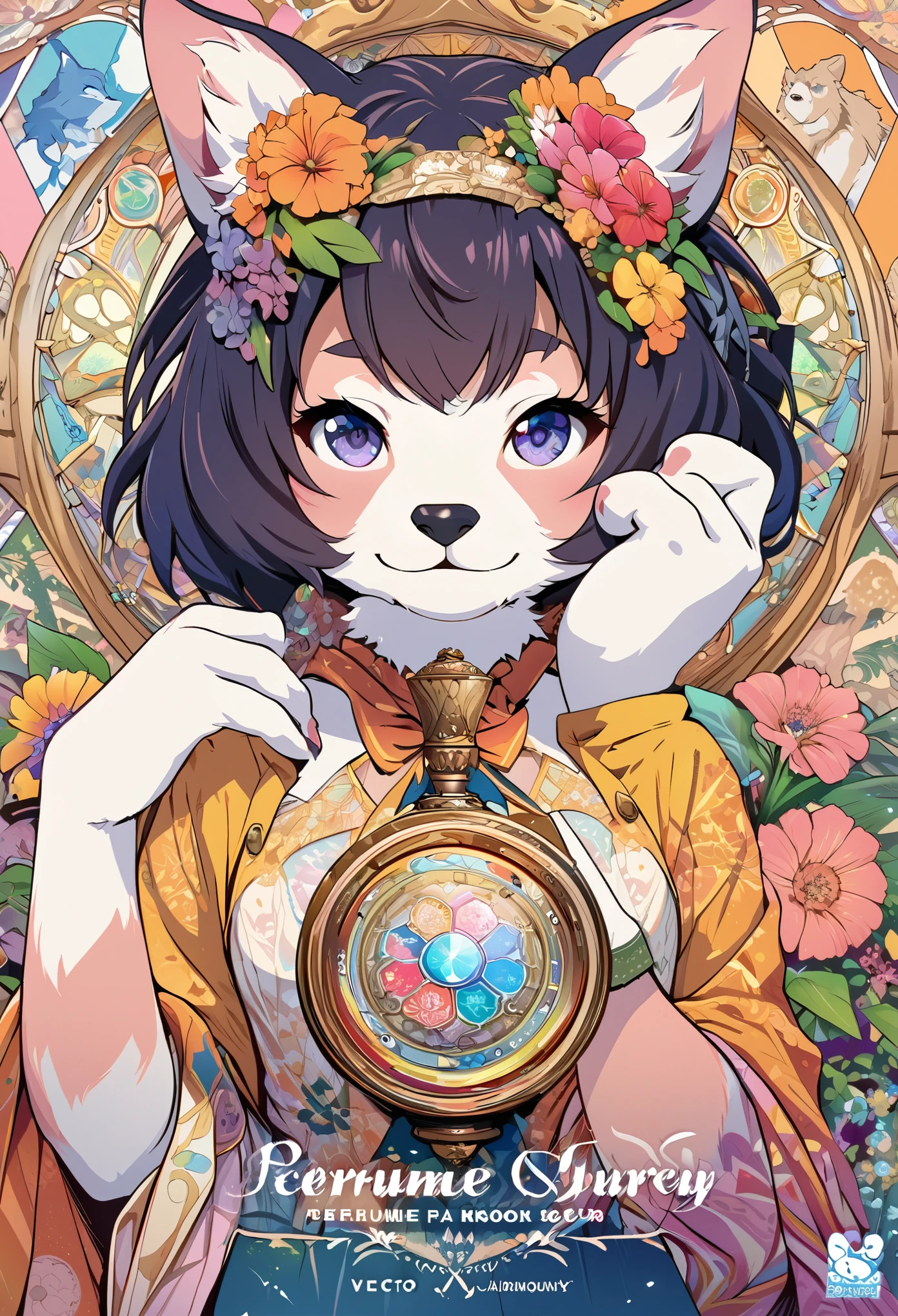 cover page, Perfume poster, kaleidoscope, rzminjourney, vector-art, High-quality illustrations by Alfons Mucha, masterpiece(kemono, furry anthro)logo mark, round, colorful flower,