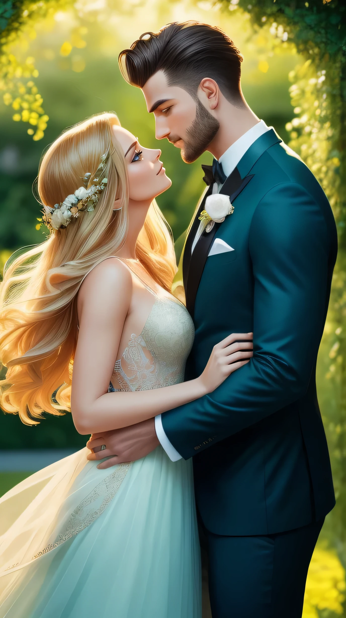 A captivating image of a loving couple, nestled amidst a breathtakingly beautiful garden, adorned with vibrant flowers and lush greenery. The man, possessing chiseled features and piercing blue eyes, wears a dapper suit and impeccably styled hair. His face radiates deep affection towards the woman by his side. She is a vision of delicateness and ethereality, her golden locks cascading freely, and mesmerizing green eyes expressing an enchanting allure. Her graceful figure is accentuated by an elegant gown.

(image quality) (best quality, 4K, highres, masterpiece:1.
