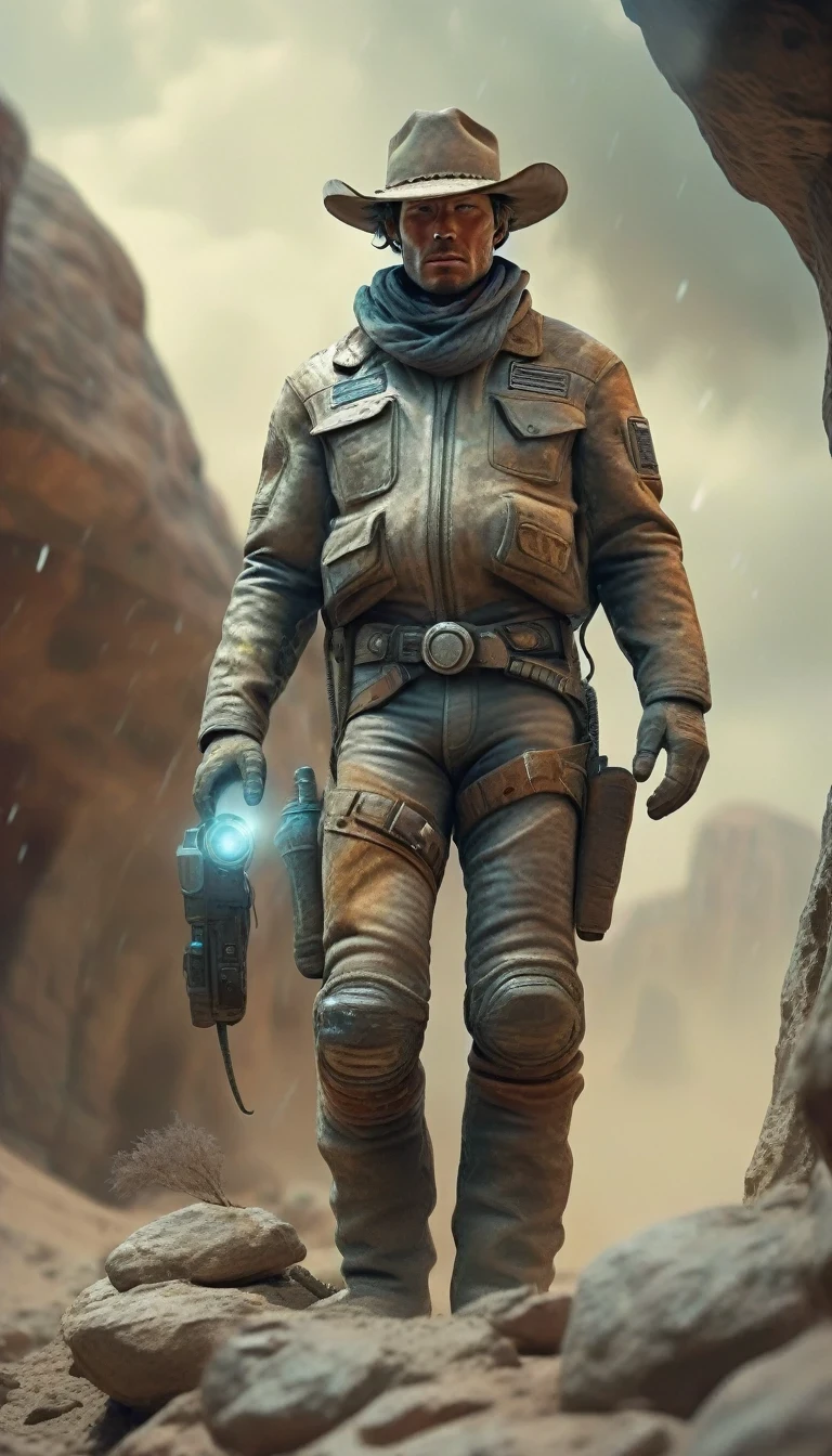 Hyper-realistic image of a [Intergalactic cowboy] encased in a rock, very soiled, extinct modern technology presented like a fossil, dusty, weather, worn appearance. HD, ultra-realistic, high-quality image
