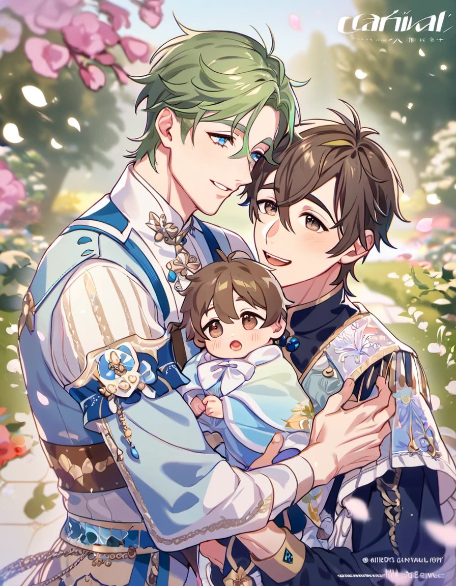 absurdres, highres, ultra detailed, HDR, master piece, best quality, Olivine, green hair, expressive blue eyes, Nu Carnival, Eiden, brown hair, expressive brown eyes, 2 men together, holding a baby, gay couple, petals, garden, fantasy clothes
