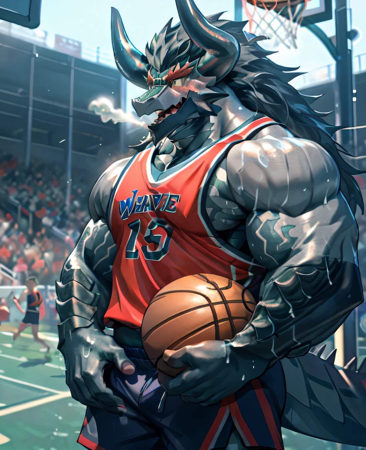 (dragon), Two-color, dragon's eyes, (muscular body:1.3), perfect eyes, Handsome, OK,(white basketball jersey), (on the playground),(Express), sports field background,(close up),(Happy eyes:1.2),look at screen,(dragon horn),(dragon tail),different students,Perfect masterpiece,(16K),White belly,Solitary,((Strong)),(sports field background),(Sweat),Perfect proportion,front,blush,(wave hello,Watching you:1.5),(Basketball in hand:1.3),(Open your mouth slightly and breathe.:1.2),(close range:1.2),(clothes soaked with Sweat:1,3),Strong,muscle,more details,CG,HD,detailed,Clear,high resolution