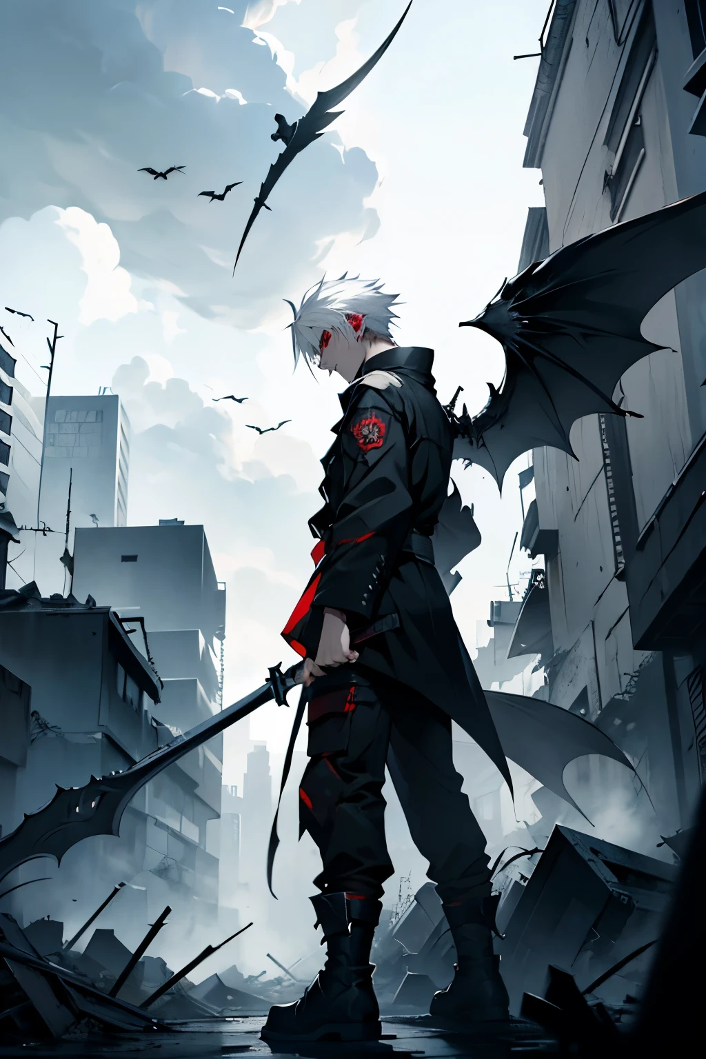 male character, red eyes, white hair, appearing to be 22 years old, with wings black and white, with a background of a destroyed city, holding a scythe with a black blade. anime style. ao no exorcist style