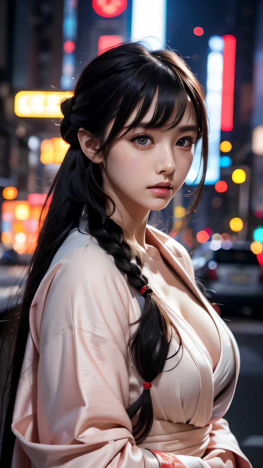 1 girl, dull bangs, Braid, wide sleeve, hair ornaments, kimono, red obi, (black hair:1.2), very long hair, straight hair, looking at the viewer, highly detailed background, (photo-realistic:1.2), fine eyes, red eyeshadow, Depth of the bounds written,thigh, (Ulzzang-6500:0.7), Upper body, (alone:1.2), (Deserted Cyberpunk City:1.1), cleavage,shiny skin、masterpiece, 最high quality, high quality, High resolution,