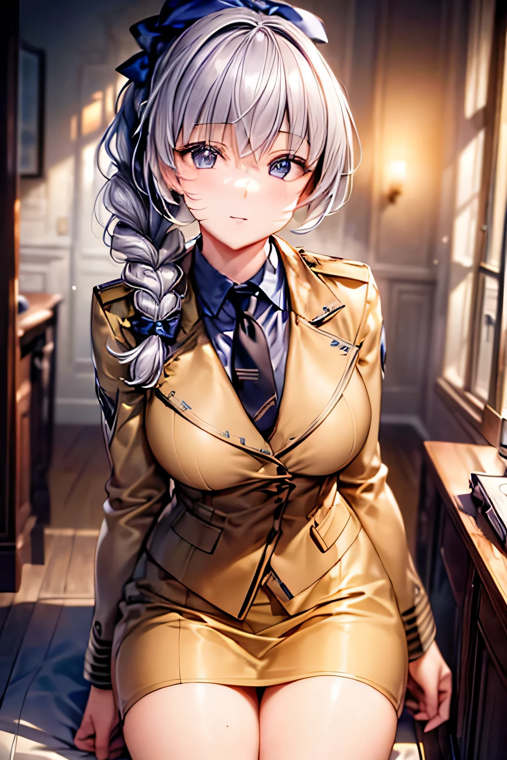 (masterpiece:1.2), best quality, high resolution, unity 8k wallpaper, (illustration:0.8), (beautiful detailed face:1.2, beautiful detailed eyes:1.2), perfect lighting, extremely detailed CG, (perfect hands, perfect anatomy), 

Cute, beautiful, charming lady, shiny hair, lustrous skin, 
milf, married woman, soft With a gentle appearance and a gentle mother-like atmosphere,

teletha_a, grey hair, braided ponytail, single braid, hair bow, blue bow, grey eyes, black necktie, military uniform, long sleeves, white shirt, brown skirt,