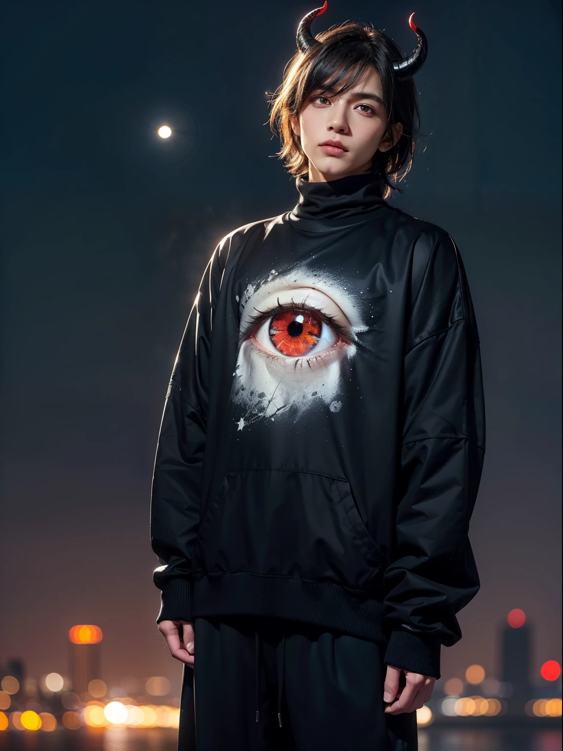 ((highest quality, masterpiece, 4k, finely detailed, detailed eyes, detailed face, intricate details, gelbooru, pixiv)), warm lighting, idol, super idol, super model ((solo)), 1 male, (handsome, masculine, adult man, broad shoulders, tall guy, thin body), ((black hair, messy hair, short hair, bangs)), light skin, sharp features, ((baggy clothes, oversized clothes)), ((demon horns color fading from black to red)), ((sharp eyes, red eye color, tired expression, looking at viewer)), dynamic pose, city background, night sky, moon night, turtleneck sweater, loose pants, oversized parka