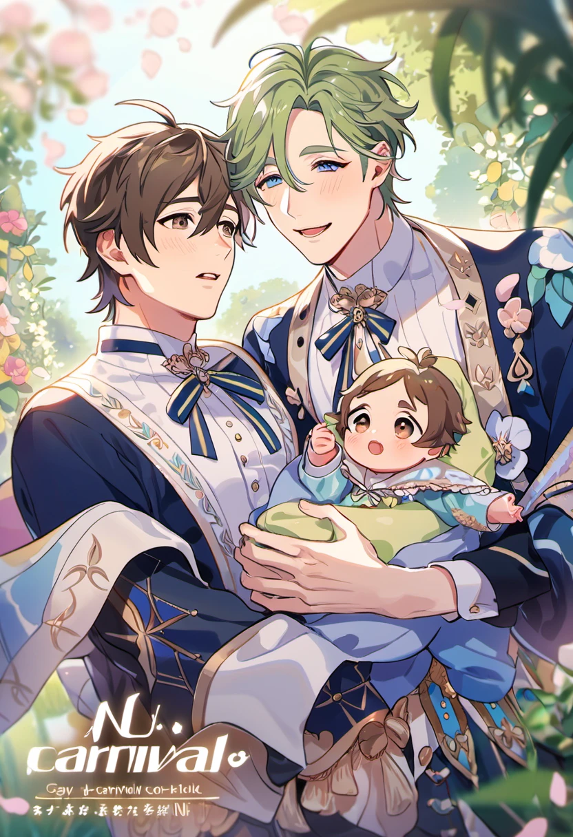 absurdres, highres, ultra detailed, HDR, master piece, best quality, Olivine, green hair, expressive blue eyes, Nu Carnival, Eiden, brown hair, expressive brown eyes, 2 men together, holding a , gay couple, petals, garden, fantasy clothes