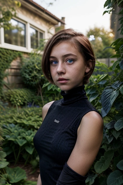 1girl, , built, short hair, brown hair, small breasts, blue eyes, wearing a black turtleneck sleeveless dress, in the garden, shy