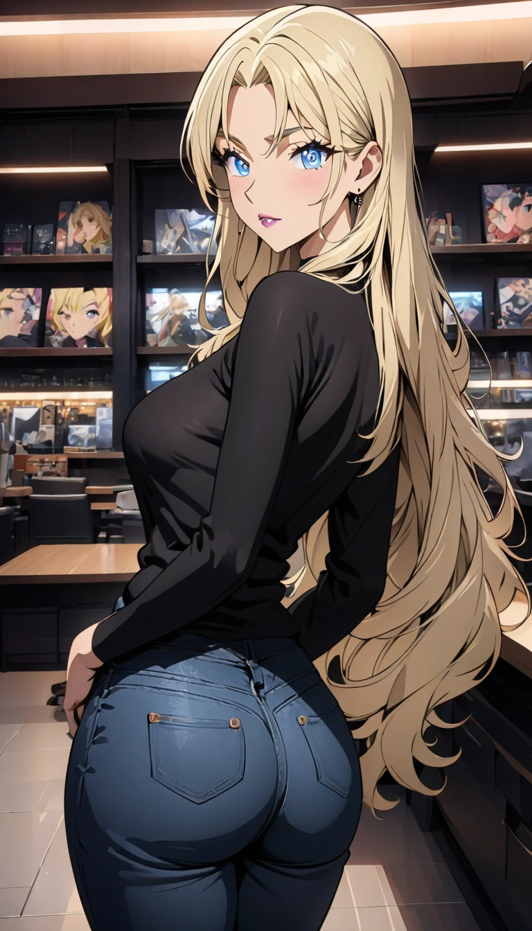 (best quality, highres, masterpiece:1.2), blonde hair, beautiful woman, detailed eyes, detailed lips, jeans, single figure, anime style