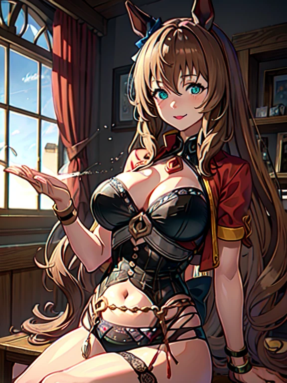 Masterpiece, animated, maruzensky \(umamusume\), tan skin, anime girl in latex corset, stomach showing, cute expression, bigger chest, blush, blushing, red cheeks, cut smile, black corset, red lipstick
