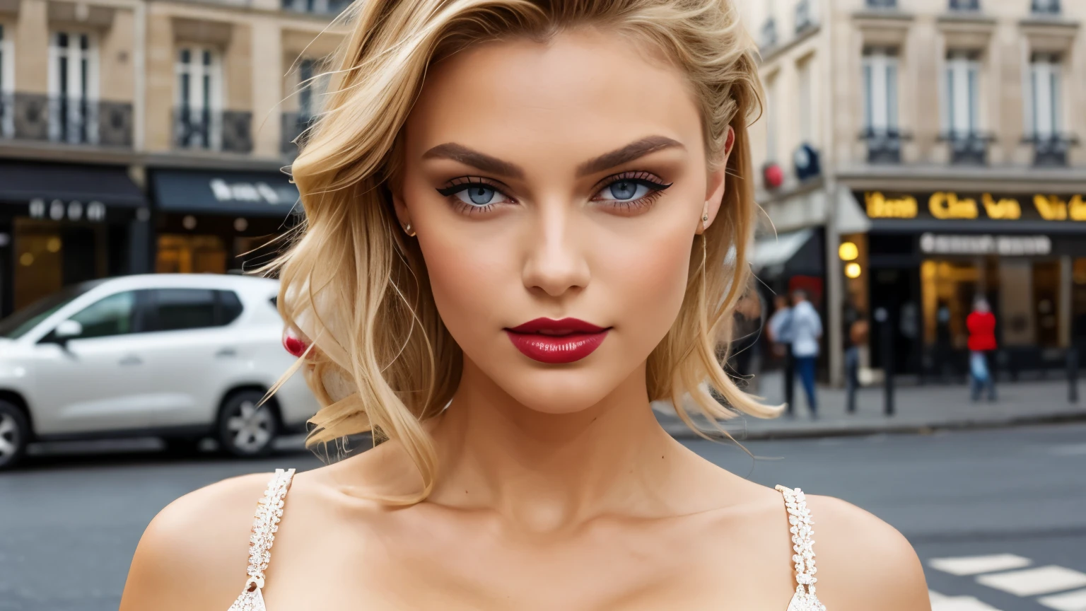 Maquillage rouge,  lipstick, Cheveux blonds, detailed face, Detailed lips, Detailed eyes, dans paris, mains sur les hanches,