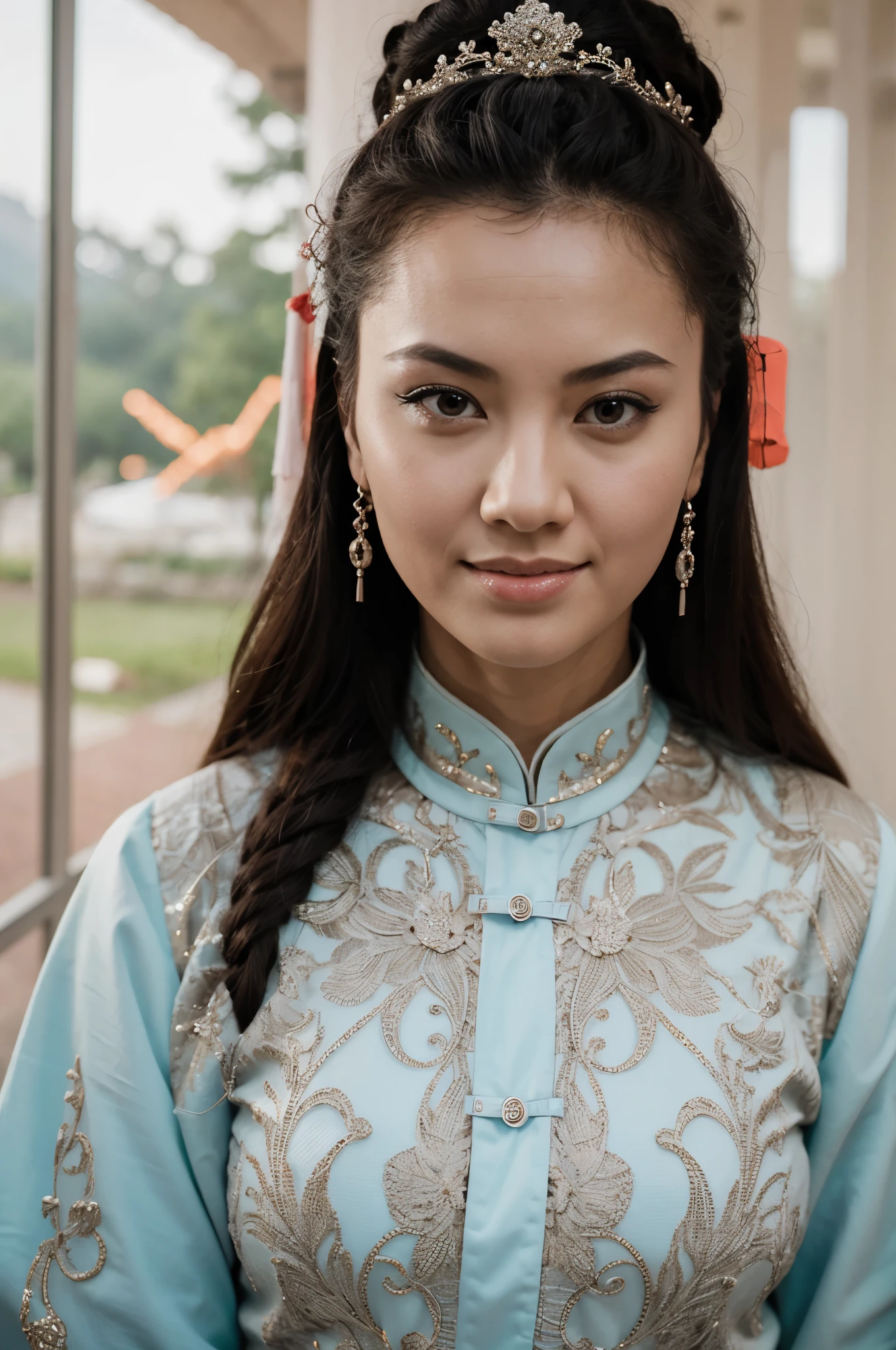 a chinese beauty，Wearing a sweater, portrait, Pretty Face, beautiful eyes, external, portrait, garden, trees, teeth, open one&#39;s eyes, Award-winning photos, best quality, Upper Body，Nikon d850 film stock photo 4 Kodak 400 camera f1.6 lenses rich colors ultra realistic textures natural light popular on artstation cinestill 800, (100mm lens)