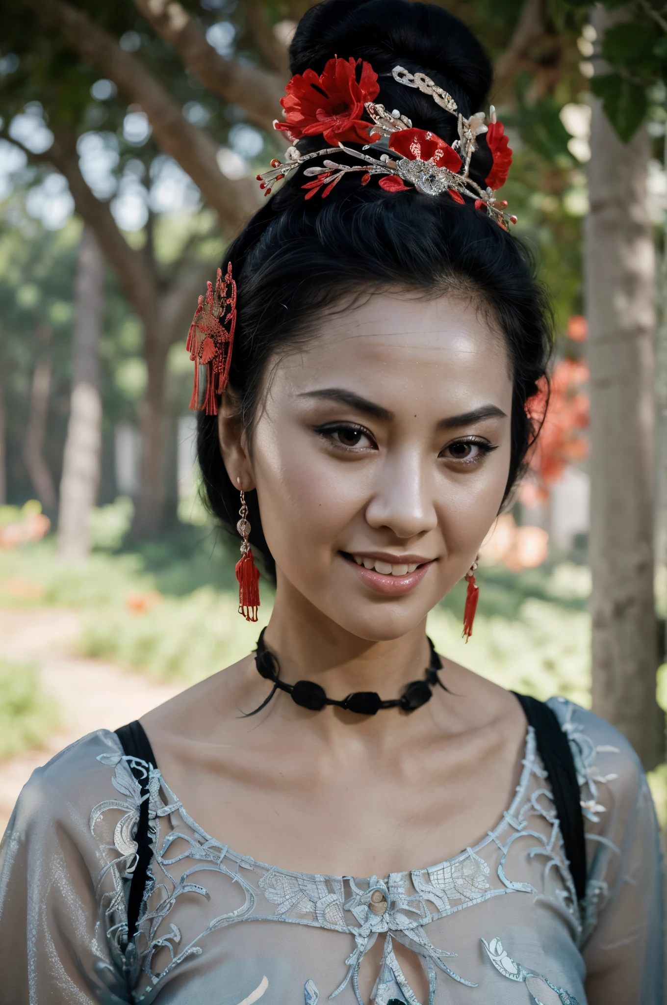 a chinese beauty，(Siamese transparent black silk)，happy，looking at the audience， portrait, Pretty Face, beautiful eyes, external, portrait, garden, trees, teeth, open one&#39;s eyes, Award-winning photos, best quality, Upper Body，Nikon d850 film stock photo 4 Kodak 400 camera f1.6 lenses rich colors ultra realistic textures natural light popular on artstation cinestill 800, (100mm lens)