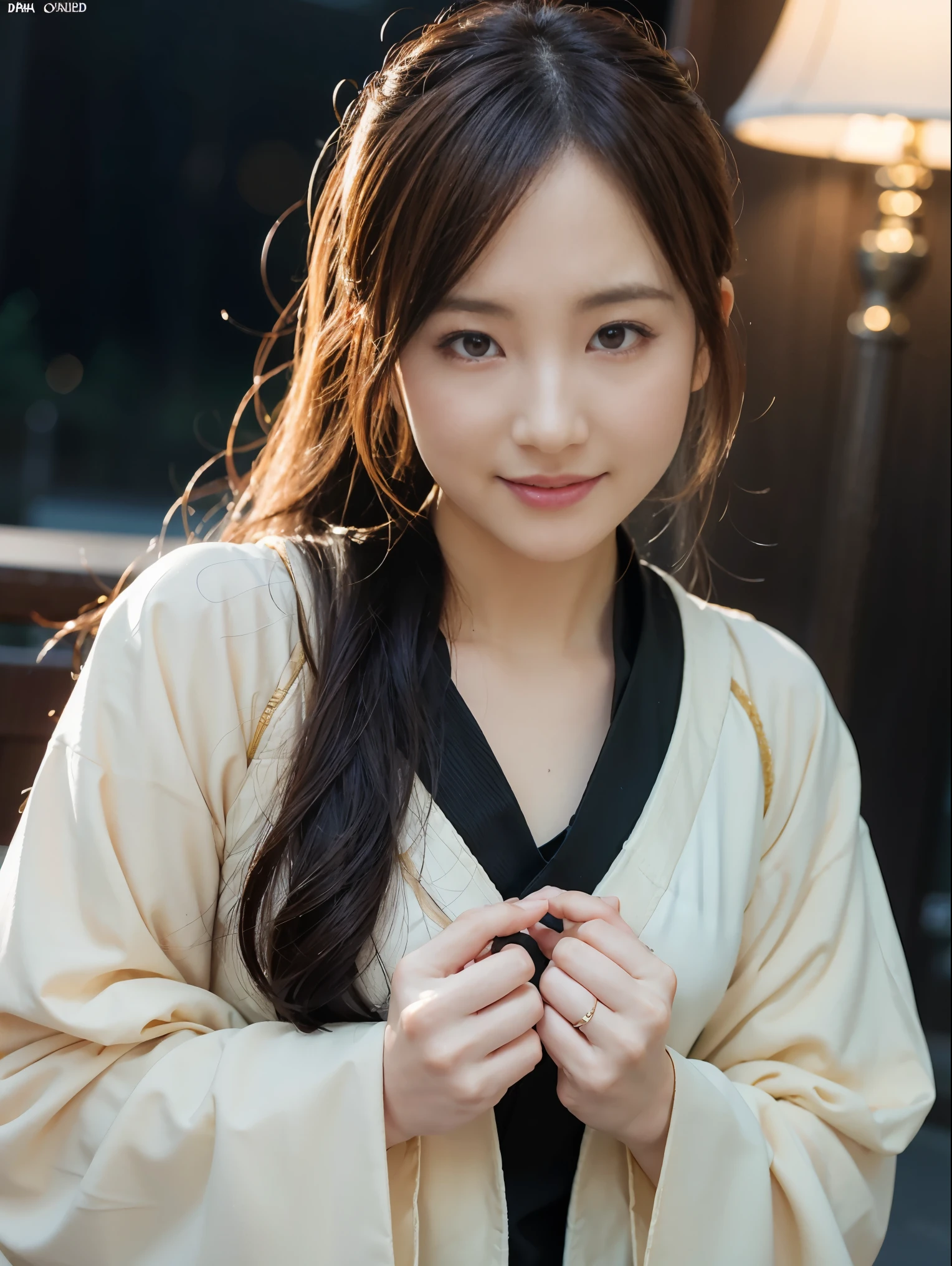 Best quality, masterpiece, realistic photos, intricate details, original photos, wearing loose long hanfu, photon rendering, octane rendering, ridiculous, ultra-detailed, detailed face, detailed skin, trends on artstation, 8k masterpiece, cinematic lighting, ((1girl)), ((solo)), ((looking_at_viewer)), CG society, plasticien, ((beautiful woman) ),(Smile),happy,fashion magazine,