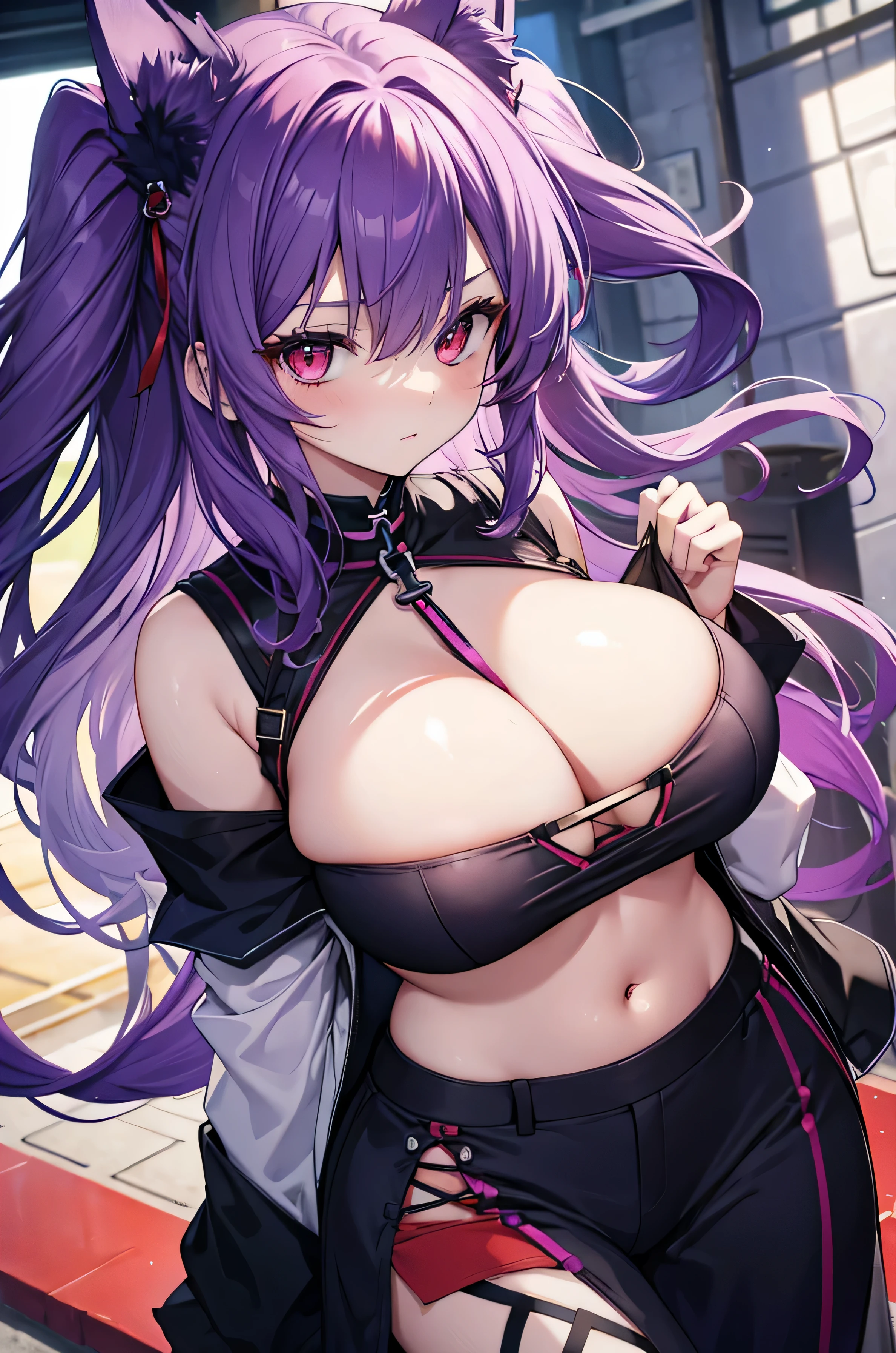 fox girl, big breasts, purple hair, masterpiece , red eyes, hd, Head to Chest, buried in my chest、underboob、Cameez