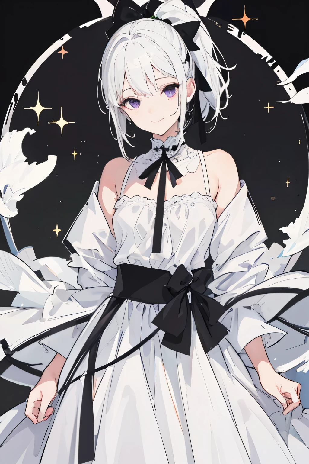 ((best quality)), ((masterpiece)), (detailed), perfect face,((best quality)), ((masterpiece)), (detailed), perfect face, a girl, medieval western, white hair, a dress dyed with white and few black, half up, deep purple eye, eighteen age, anime, charactor, whole body, only white, slight hair, fluttering, loose clothes, countless light glitter, natural, a gentle smile, short pony tail, black ribbon, alone, gentle eyes