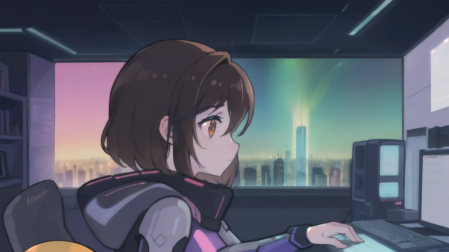 (colorful:1.1),One girl, alone, {brown hair}, highest quality, Shiny skin, Ultra-high definition and ultra-high resolution, city night view, cute, Profile looking at a computer, Inside the room、The girl is in the whole picture10min1About the size